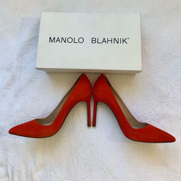 Manolo Blahnik Orange Suede Heels size 37 - Picture 9 of 12